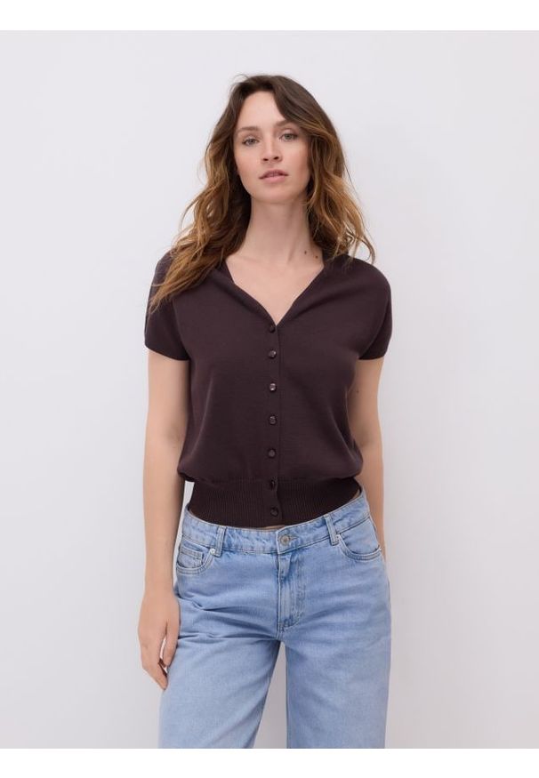 Reserved - Kardigan z lyocellem - ciemnobrązowy. Kolor: brązowy. Materiał: dzianina