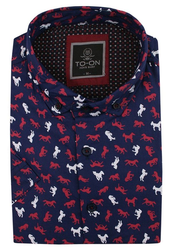 Granatowa Koszula Męska, Taliowana -TO-ON- Krótki Rękaw, Slim Fit, w Biało-Czerwone Konie, Zwierzęca. Kolor: czerwony, wielokolorowy, niebieski. Materiał: bawełna. Długość rękawa: krótki rękaw. Długość: krótkie. Wzór: motyw zwierzęcy. Styl: elegancki