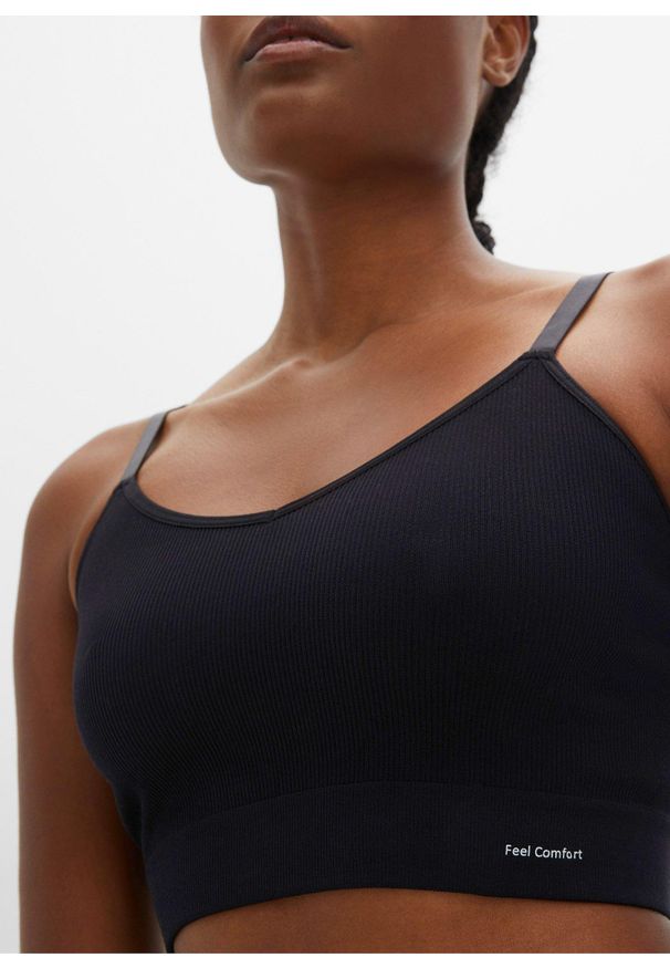 bonprix - Biustonosz bustier bezszwowy Feel Comfort w prążek. Kolor: czarny. Materiał: materiał. Wzór: prążki