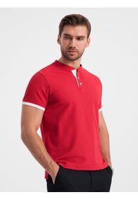Ombre Clothing - Koszulka męska polo bez kołnierzyka - czerwona V2 - Rozmiar: L. Typ kołnierza: polo, bez kołnierzyka. Kolor: czerwony. Materiał: bawełna. Długość: długie #4