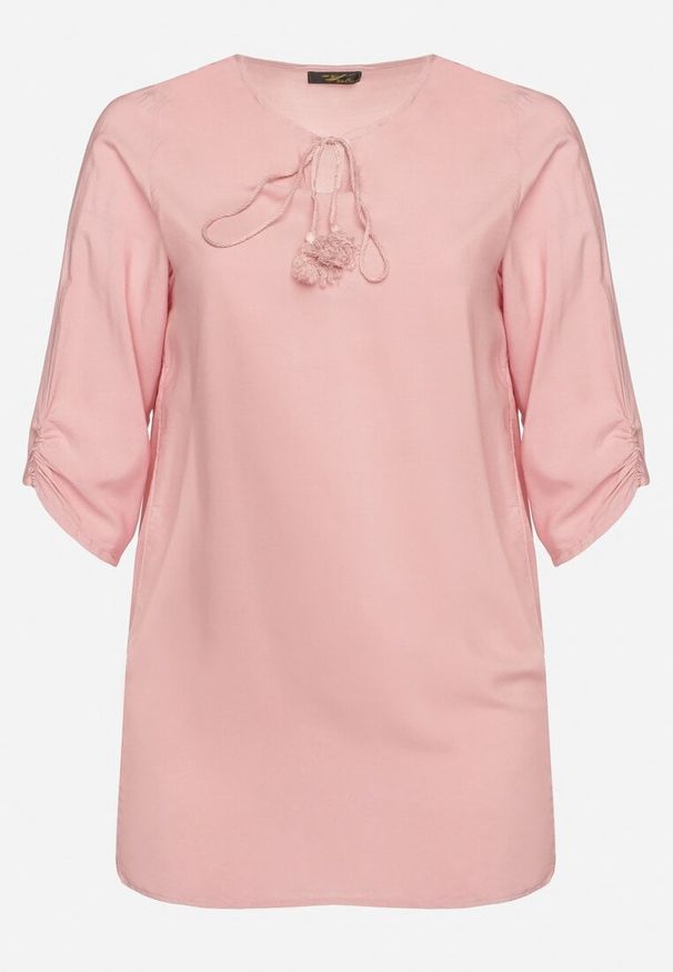 Born2be - Różowa Wiązana Tunika Ozdobiona Troczkami Eviras. Okazja: na co dzień. Kolor: różowy. Materiał: jeans, skóra. Wzór: aplikacja. Styl: casual, elegancki
