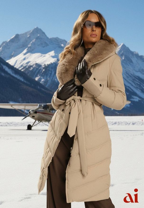 Renee - Beżowa Pikowana Kurtka o Eleganckim Kroju z Futerkiem i Wiązanym Paskiem Galinessa. Kolor: beżowy. Materiał: futro. Sezon: zima. Styl: elegancki