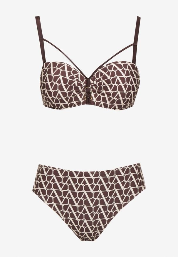 Renee - Brązowe Bikini Biustonosz i Majtki Typu Figi w Geometryczny Wzór Linarissa. Kolor: brązowy. Wzór: geometria