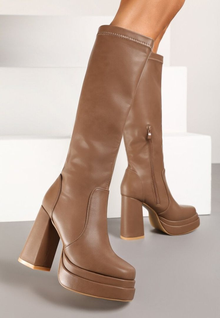 ご予約品です新品Rene❁Early Summer Collection Beżowe kozaki Renee na słupku, z cholewką przed kolano