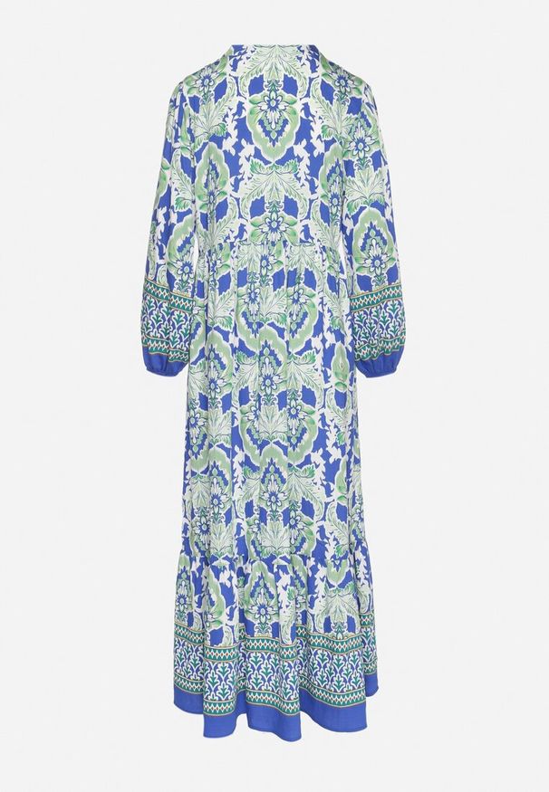 Born2be - Niebiesko-Zielona Sukienka o Rozkloszowanym Kroju z Wiązaniem z Frędzlami w Etniczny Wzór Ridalea. Okazja: na co dzień. Typ kołnierza: dekolt w serek. Kolor: niebieski. Materiał: skóra. Długość rękawa: długi rękaw. Styl: boho, casual, elegancki