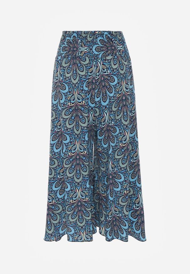 Born2be - Granatowe Szerokie Spodnie z Wiskozy w Retro Wzór Zeramara. Kolor: niebieski. Materiał: wiskoza. Styl: retro