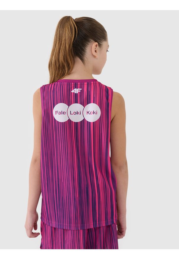 4f - 4F Koszulka meczowa replika wyjazdowa z sezonu 2024/25 dziecięca 4F x KS Basket 25 Bydgoszcz - multikolor 134/140 (8-10 lat). Typ kołnierza: dekolt w serek. Kolor: wielokolorowy. Materiał: dzianina, włókno, syntetyk, materiał. Wzór: gładki, nadruk, paski, ze splotem. Sezon: lato. Sport: fitness, koszykówka