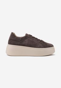 Renee - Ciemnobrązowe Sneakersy z Naturalnego Zamszu na Platformie Nalirette. Okazja: na co dzień. Kolor: brązowy. Materiał: zamsz. Obcas: na platformie #5