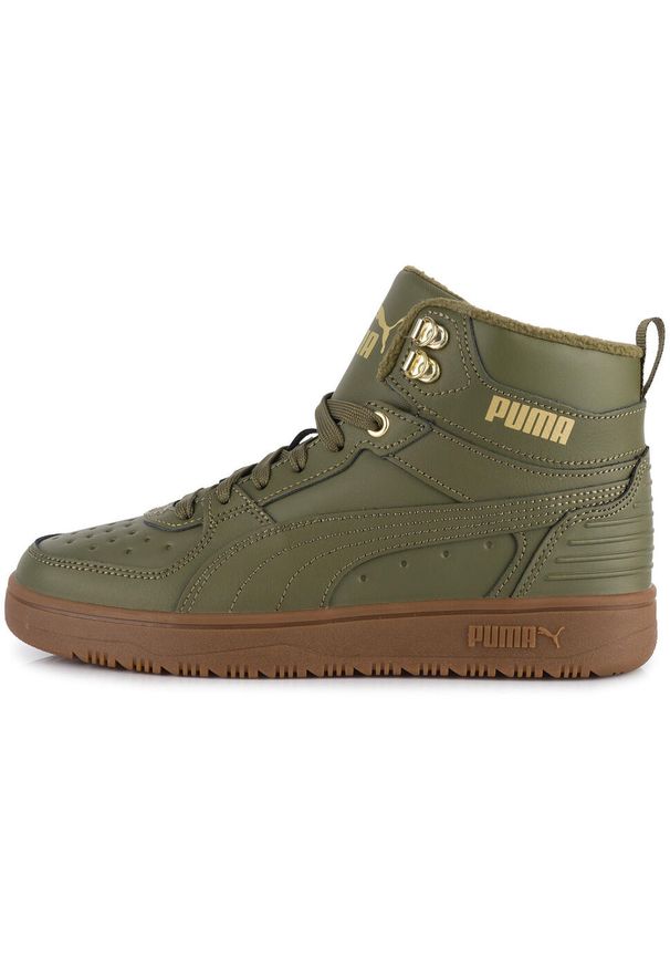 Puma - Buty wysokie ocieplane zimowe skórzane oliwkowe PUMA Rebound Rugged Jr. Kolor: zielony. Materiał: skóra. Sezon: zima. Sport: turystyka piesza