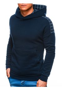 Ombre Clothing - Bluza męska z kapturem B1207 - granatowa - M. Typ kołnierza: kaptur. Kolor: niebieski. Materiał: bawełna, poliester, dzianina. Wzór: kratka #4