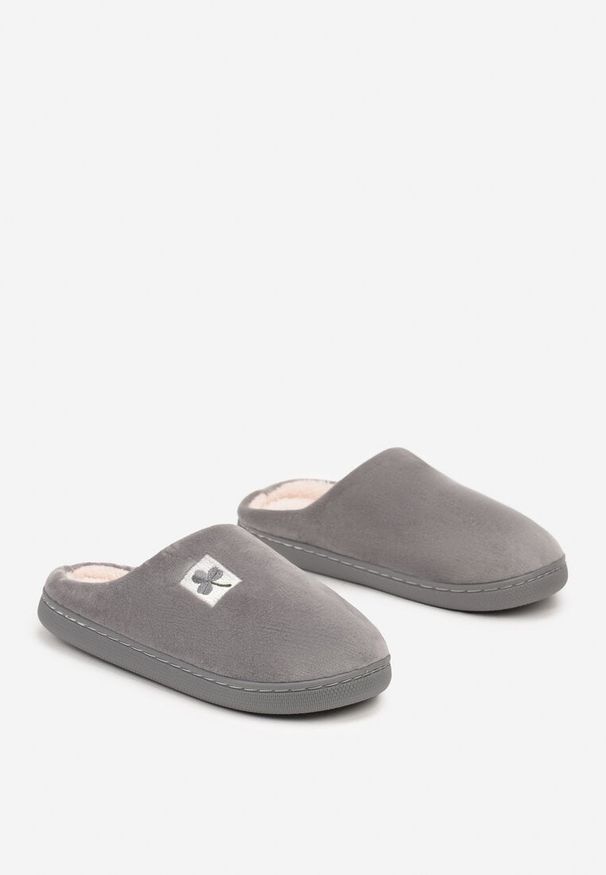 Born2be - Szare Płaskie Welurowe Kapcie Vices Cleiona. Okazja: na co dzień, do domu. Nosek buta: okrągły. Kolor: szary. Materiał: welur. Wzór: aplikacja. Styl: klasyczny, casual