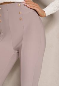 Renee - Jasnobeżowe Legginsy Bawełniane High Waist Ozdobione Guzikami Liorvia. Stan: podwyższony. Kolor: beżowy. Materiał: bawełna. Wzór: aplikacja #5