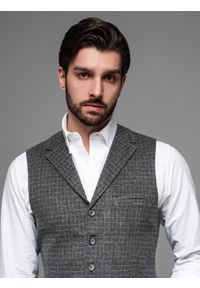Ombre Clothing - Elegancka kamizelka męska w kratkę z klapami – czarna V3 - Rozmiar: L. Kolor: czarny. Materiał: poliester, materiał. Wzór: kratka. Styl: elegancki #3