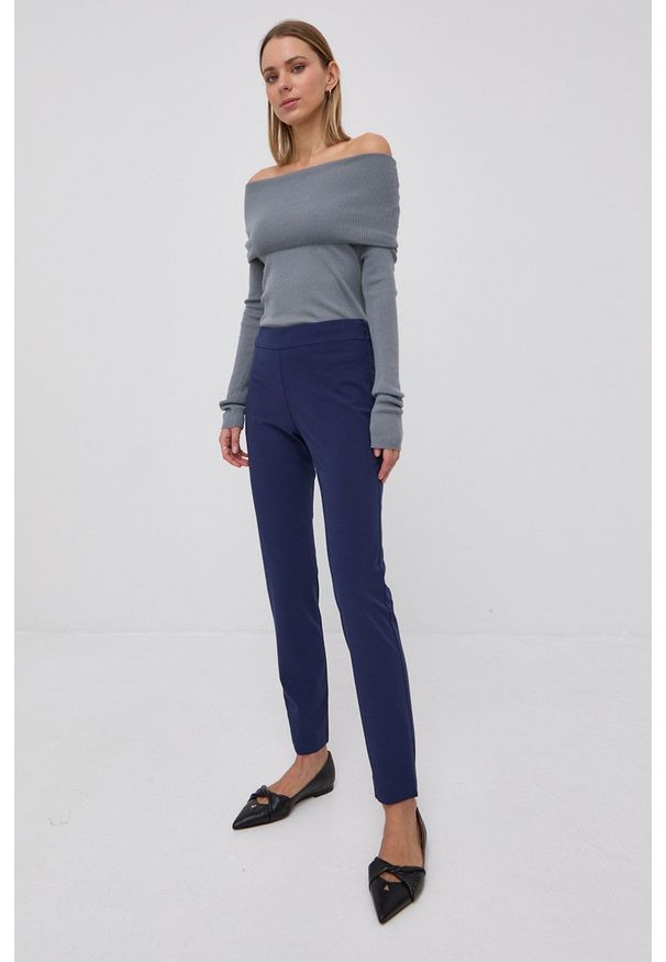 Stefanel Spodnie damskie kolor granatowy proste high waist. Okazja: na co dzień. Stan: podwyższony. Kolor: niebieski. Materiał: tkanina. Styl: casual