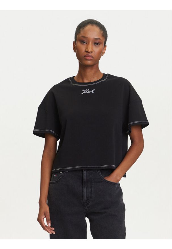 Karl Lagerfeld - KARL LAGERFELD T-Shirt A3W17019 Czarny Boxy Fit. Typ kołnierza: dekolt w karo. Kolor: czarny. Materiał: bawełna