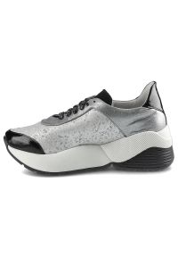 Massimo POLI - Srebrne Sneakersy Massimo Poli Damskie Modne Buty. Kolor: czarny. Materiał: zamsz, materiał, skóra, lakier. Szerokość cholewki: normalna. Obcas: na platformie. Styl: elegancki