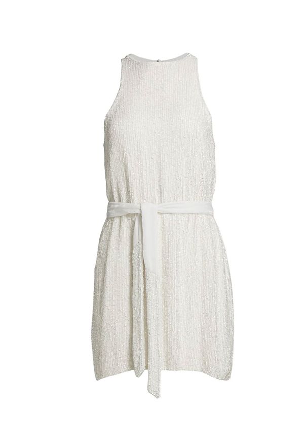 RETROFETE - Biała sukienka z cekinami Cecilia. Kolor: biały. Materiał: welur. Długość rękawa: na ramiączkach. Wzór: aplikacja. Długość: mini