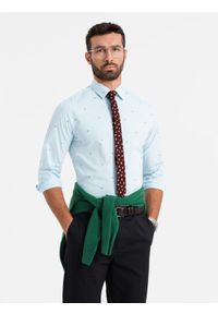 Ombre Clothing - Klasyczna męska bawełniana koszula SLIM FIT w rybki - błękitna V4. Typ kołnierza: kołnierzyk klasyczny. Kolor: niebieski. Materiał: bawełna. Długość rękawa: długi rękaw. Długość: długie. Wzór: nadruk. Styl: klasyczny