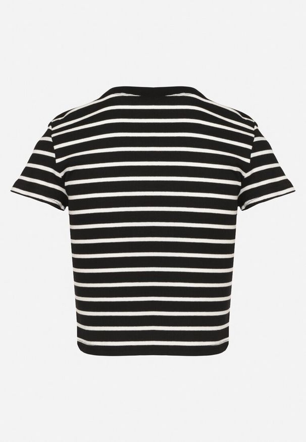 Born2be - Czarno-Biały Bawełniany T-shirt w Paski z Jeansową Naszywką i Napisem Velviola. Okazja: na co dzień, na spacer. Kolor: czarny. Materiał: jeans, bawełna. Wzór: aplikacja, napisy, paski. Styl: elegancki, casual