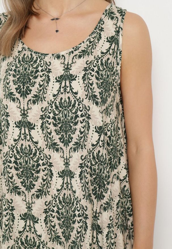 Born2be - Beżowo-Zielona Rozkloszowana Sukienka z Bawełny bez Rękawów Horrilla. Kolor: beżowy. Materiał: bawełna. Długość rękawa: bez rękawów. Sezon: lato. Styl: boho