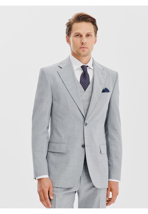 Pako Lorente - PAKO LORENTE - Gładki szary garnitur męski. Kolor: szary. Materiał: wełna, poliester. Wzór: gładki