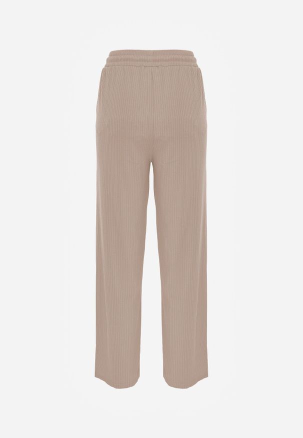 Born2be - Beżowe Szerokie Spodnie z Prążkowanej Tkaniny z Wysokim Stanem Sarora. Okazja: na co dzień. Stan: podwyższony. Kolor: beżowy. Materiał: tkanina, prążkowany. Wzór: prążki. Styl: casual