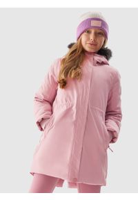 4f - Parka miejska ocieplana membrana 5000 dziewczęca - pudrowy róż. Kolor: różowy. Materiał: futro, polar, poliester #1