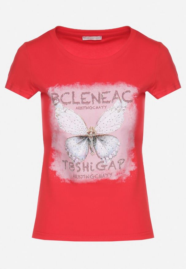 Born2be - Czerwony Bawełniany T-shirt z Nadrukiem Motyla i Cyrkoniami Uliriela. Okazja: na co dzień. Kolor: czerwony. Materiał: bawełna. Wzór: nadruk. Sezon: lato. Styl: klasyczny, casual