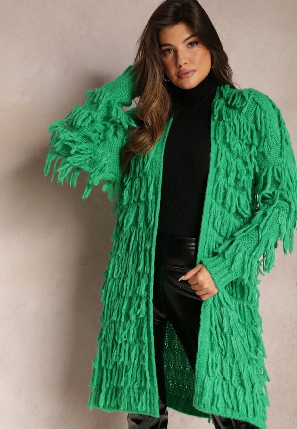 Renee - Zielony Niezapinany Kardigan w Ozdobne Frędzle Massawa. Kolor: zielony. Styl: elegancki