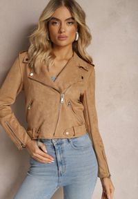 Renee - Ciemnobeżowa Ramoneska Charlee. Kolor: beżowy. Materiał: jeans, zamsz. Długość rękawa: długi rękaw. Długość: długie. Wzór: aplikacja. Styl: klasyczny, wizytowy