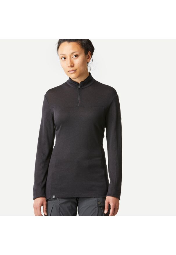 FORCLAZ - Koszulka trekkingowa damska z długim rękawem MT 500 merino. Kolor: czarny. Materiał: materiał, wełna, poliamid. Długość rękawa: długi rękaw. Długość: długie