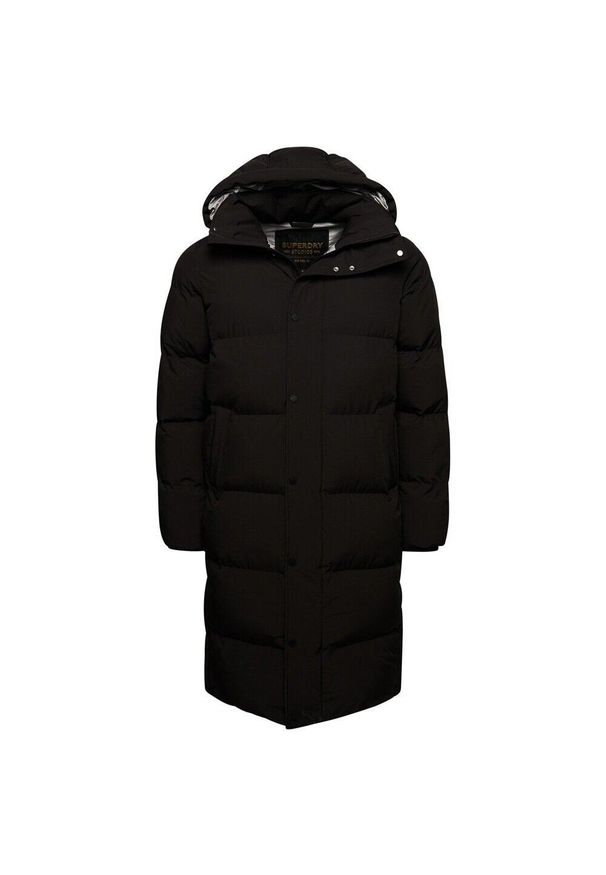 Długa kurtka z kapturem Superdry. Typ kołnierza: kaptur. Kolor: czarny. Materiał: puch. Długość rękawa: długi rękaw. Długość: długie. Sezon: zima. Styl: elegancki
