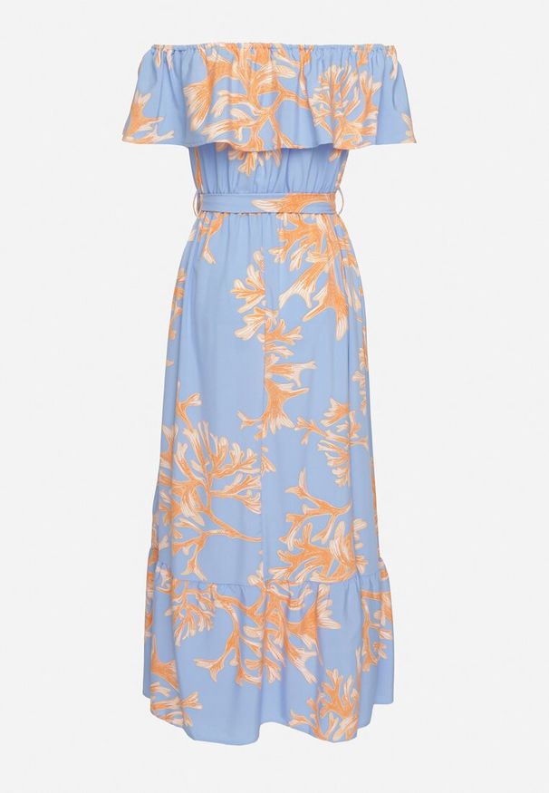 Born2be - Niebieska Sukienka Hiszpanka o Rozkloszowanym Kroju z Wiązanym Paskiem Sesiniela. Okazja: na co dzień. Typ kołnierza: dekolt hiszpanka. Kolor: niebieski. Typ sukienki: rozkloszowane. Styl: casual, elegancki