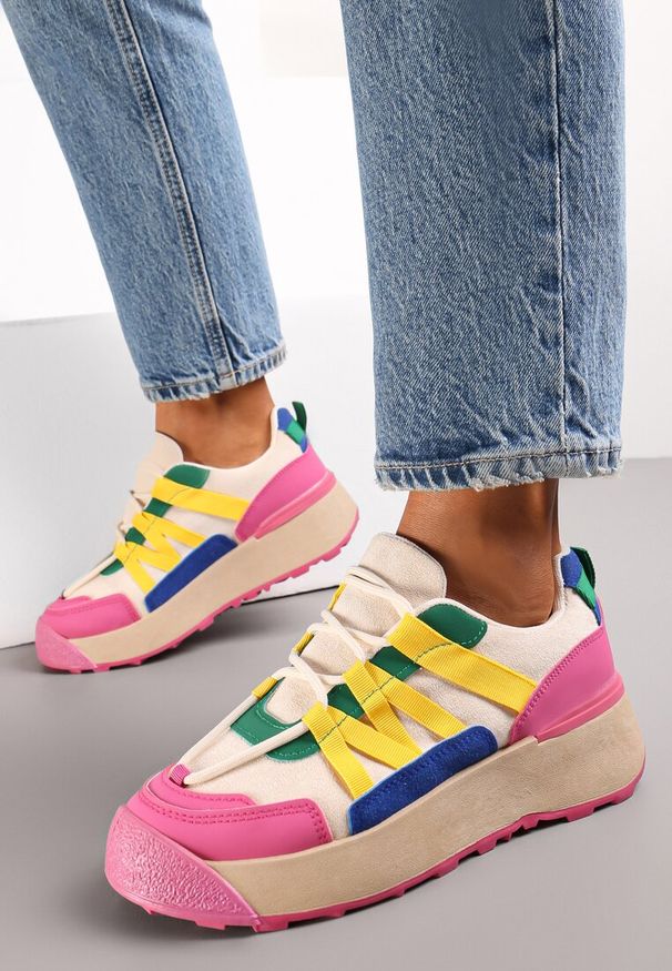 Renee - Fuksjowe Sznurowane Płaskie Sneakersy z Kolorowymi Wstawkami z Ekoskóry Wonise. Okazja: na co dzień. Wysokość cholewki: przed kostkę. Kolor: beżowy. Szerokość cholewki: normalna. Wzór: kolorowy. Sezon: jesień, wiosna