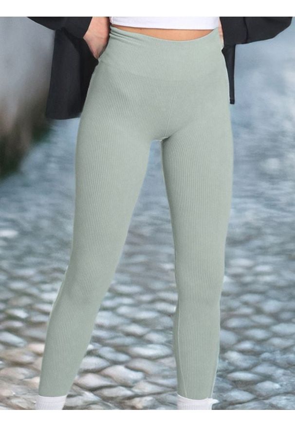 Sinsay - Legginsy high waist w prążek - zielony. Stan: podwyższony. Kolor: zielony. Wzór: prążki