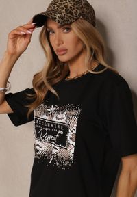 Renee - Czarny T-shirt z Bawełny Zdobiony Nadrukiem z Cyrkoniami Idelunea. Okazja: na co dzień, na imprezę. Kolor: czarny. Materiał: bawełna. Wzór: aplikacja, nadruk. Styl: klasyczny, elegancki, casual #3