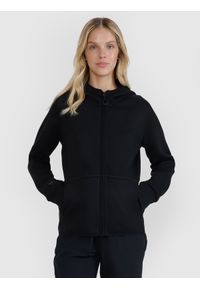 4f - 4F Bluza dresowa rozpinana z kapturem damska - czarna XS. Okazja: na co dzień. Typ kołnierza: kaptur. Kolor: czarny. Materiał: dresówka. Wzór: napisy, gładki, ze splotem. Styl: sportowy, casual, elegancki. Sport: fitness #1
