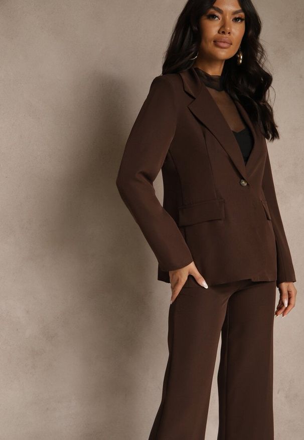 Renee - Brązowy Komplet Garniturowy z Wiskozą Spodnie Wide Leg i Marynarka na Guzik Tevrina. Kolor: brązowy. Materiał: wiskoza
