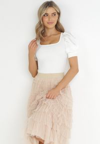 Born2be - Beżowa Rozkloszowana Spódnica Maxi z Falbankami z Tiulu Davena. Kolor: beżowy. Materiał: tiul. Wzór: aplikacja #3