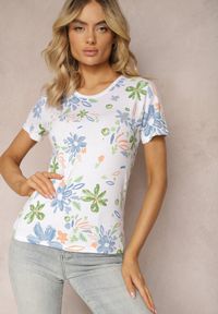 Renee - Biało-Niebieska Bluzka T-shirt z Bawełny Ozdobiona Haftem Radianca. Kolor: biały. Materiał: bawełna. Wzór: haft, aplikacja. Styl: boho, klasyczny