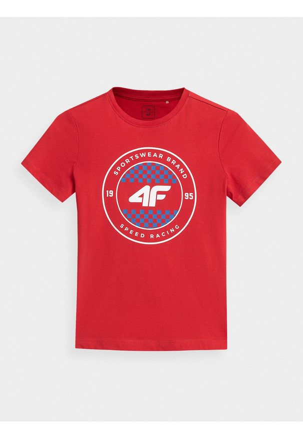 4f - T-shirt z nadrukiem chłopięcy. Kolor: czerwony. Materiał: materiał, bawełna, dzianina. Wzór: nadruk