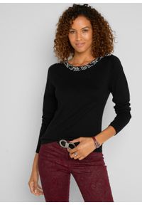 Sweter Premium z aplikacją z perełek bonprix czarny. Kolor: czarny. Wzór: aplikacja #6