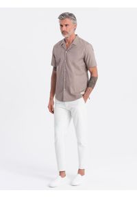 Ombre Clothing - Koszula męska z krótkim rękawem i kubańskim kołnierzem - ciemnobeżowa V3. Okazja: na co dzień. Kolor: beżowy. Materiał: tkanina, bawełna. Długość rękawa: krótki rękaw. Długość: krótkie. Wzór: gładki. Sezon: lato. Styl: klasyczny, casual #2