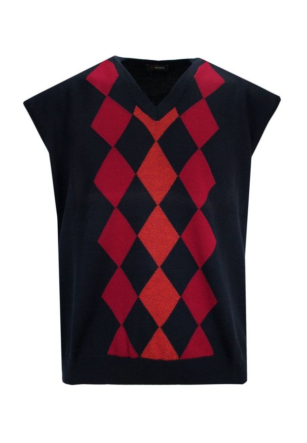 Max Sheldon - Kamizelka Granatowo-Czerwona, Bezrękawnik, Dekolt w Serek (V-neck), Męska -MAX SHELDON. Okazja: na co dzień. Typ kołnierza: dekolt w serek. Kolor: czerwony, niebieski, wielokolorowy. Materiał: akryl, bawełna. Długość rękawa: bez rękawów. Sezon: zima, jesień. Styl: klasyczny, casual, elegancki