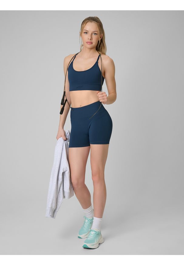 4f - 4F Biustonosz treningowy bezszwowy z niskim wsparciem damski - turkusowy XL/XXL. Kolor: turkusowy. Materiał: skóra. Rodzaj stanika: wyciągane miseczki. Sport: fitness, joga i pilates