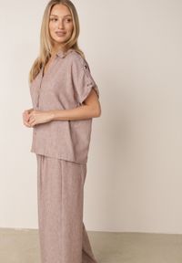 Born2be - Beżowy Letni Komplet Oversize z Bawełny i Lnu Szerokie Spodnie i Koszula Phellame. Kolor: beżowy. Materiał: len, bawełna #4