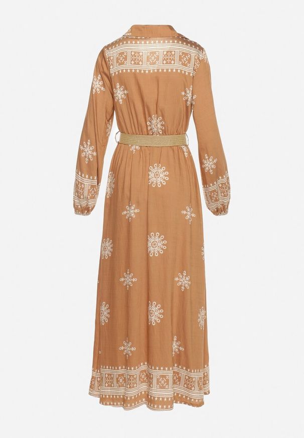 Born2be - Beżowa Kopertowa Sukienka z Wiskozą z Paskiem i Gumką w Talii w Etniczny Wzór Zindoria. Okazja: na co dzień. Typ kołnierza: dekolt w kształcie V. Kolor: beżowy. Materiał: wiskoza. Typ sukienki: kopertowe. Styl: casual, elegancki