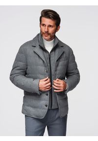Ombre Clothing - Kurtka męska o kroju marynarki z podpinką – szara V1 - Rozmiar: XL. Kolor: czarny. Materiał: syntetyk, materiał. Wzór: melanż. Styl: elegancki #1