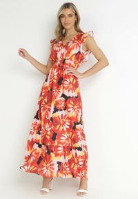 Born2be - Czerwona Rozkloszowana Sukienka z Kopertowym Dekoltem i Falbankami Santila. Typ kołnierza: kołnierz z falbankami. Kolor: czerwony. Wzór: aplikacja. Typ sukienki: kopertowe. Długość: maxi #3