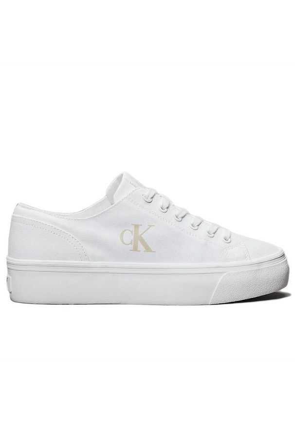 Buty Calvin Klein Vulc Flatform Low CV MG YW0YW01763-01W - białe. Okazja: na co dzień. Kolor: biały. Materiał: guma, materiał. Szerokość cholewki: normalna. Obcas: na platformie
